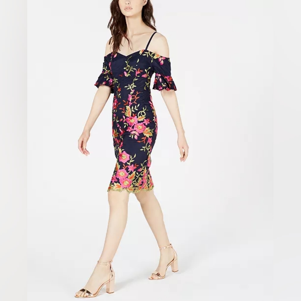 Trina Turk Navy Cold-Shoulder Floral Midi Dress
